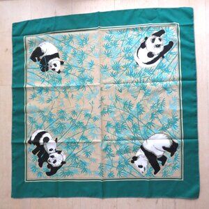 Vintage Teal Green Beige Panda Print Scarf 100% Polyester Made in England